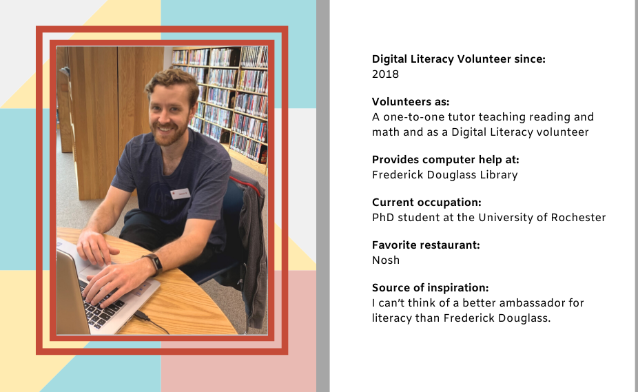 Digital Literacy Volunteer James Rankine working at Frederick Douglass Library.