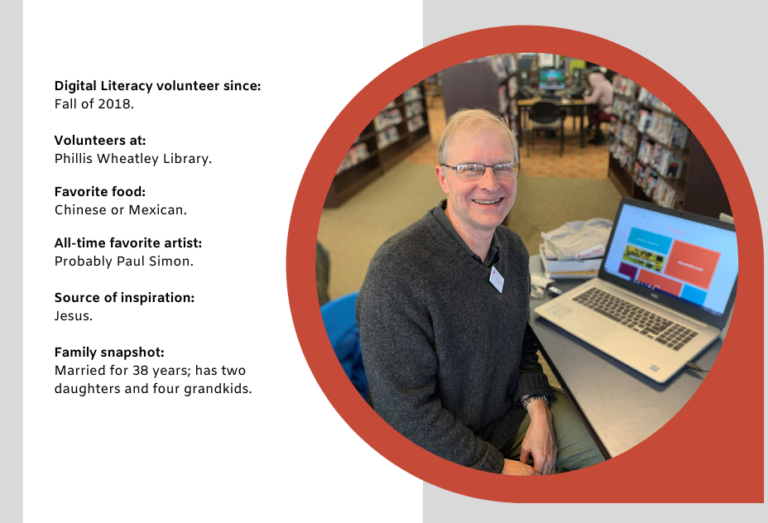 Photo caption: Digital Literacy Volunteer Charles (Chuck) Vogt working at Phillis Wheatly Library.